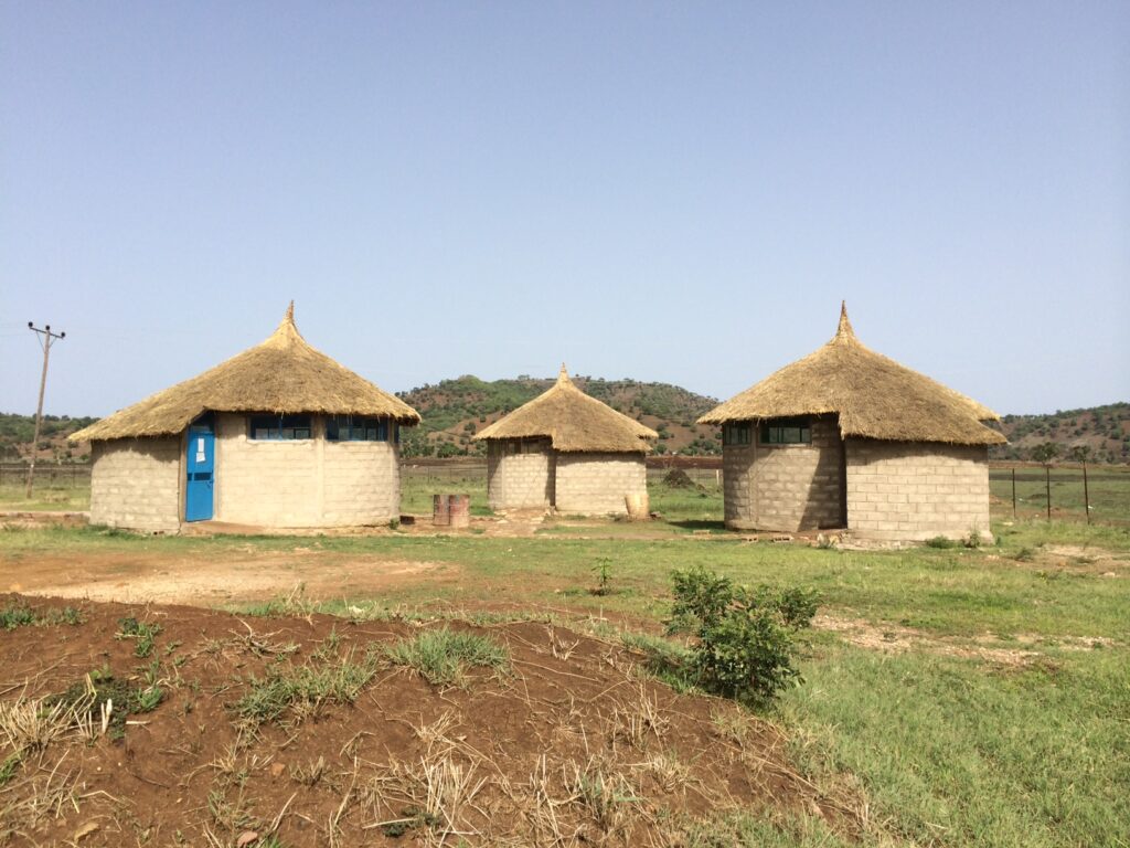 A circular stone building with a thatched roof, with similar buildings on either side of it.