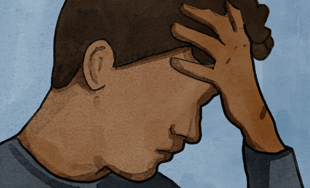 Watercolor painting of a man holding his head.