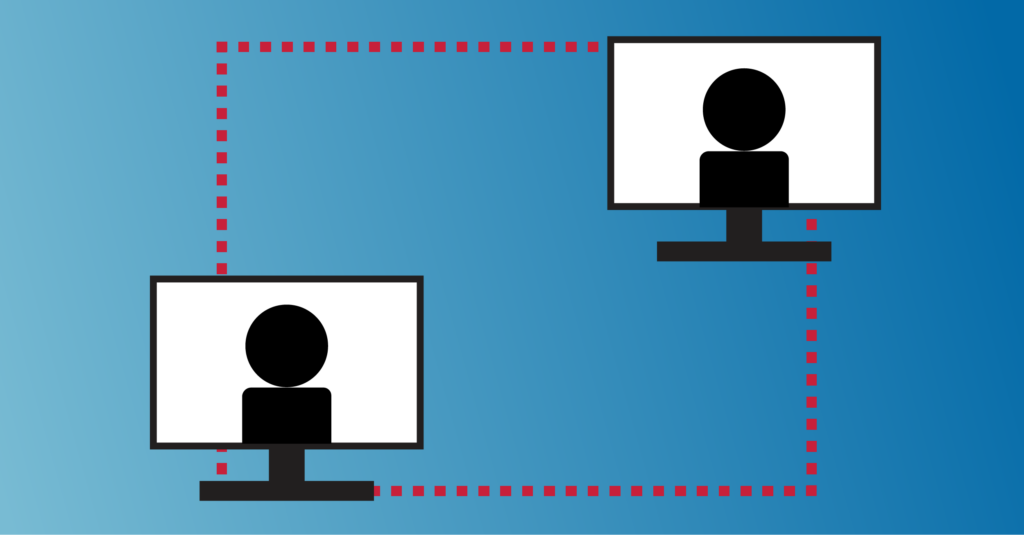 Two monitors each with person icon are connected by two different dashed lines.