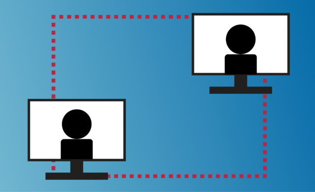 Two monitors each with person icon are connected by two different dashed lines.