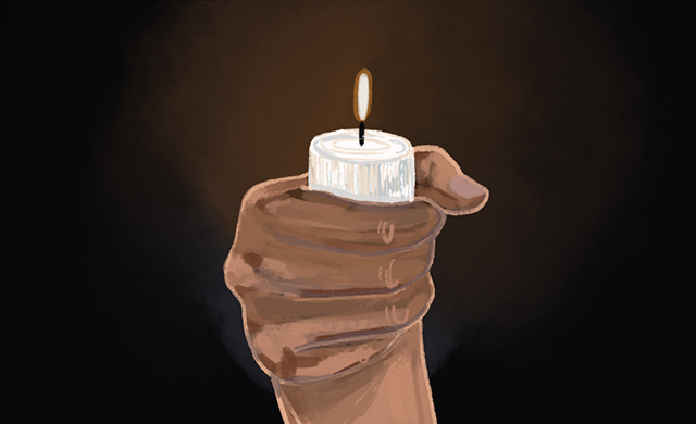 Art of a hand holding a vigil candle.