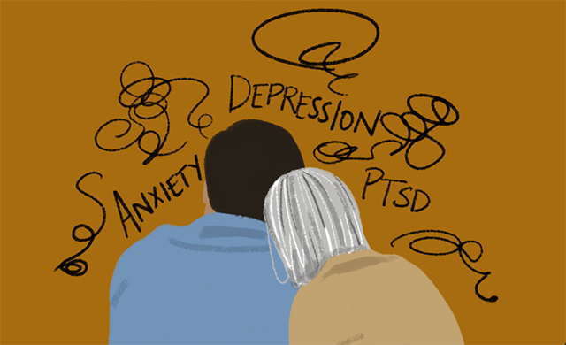 Two figures with black swirls and the words anxiety, depression, and PTSD above their heads.