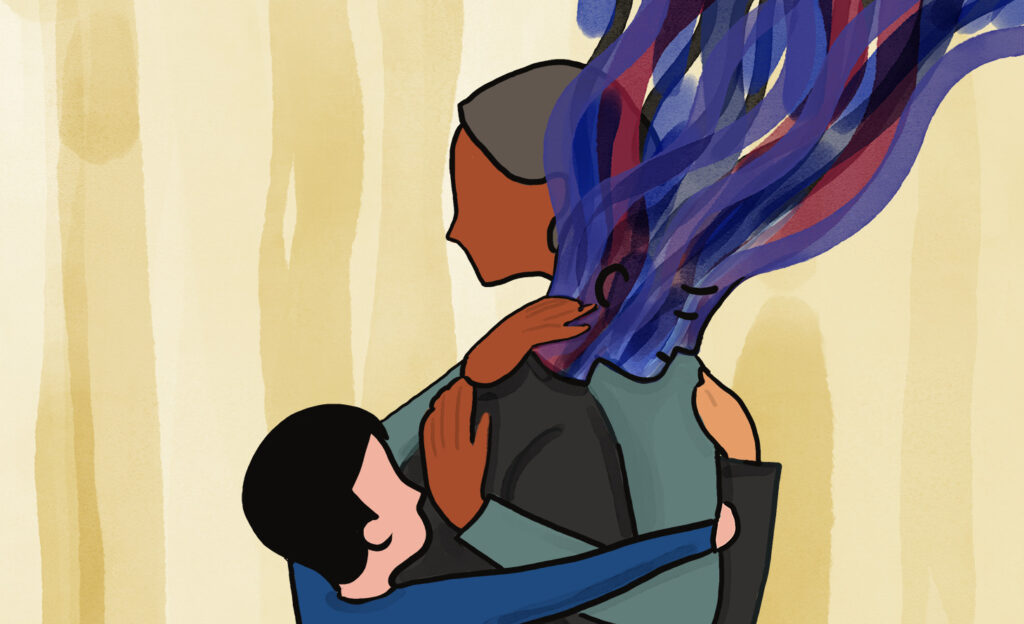An individual comprised of blue and purple brush strokes, receives hugs from a woman and a child.