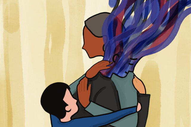An individual comprised of blue and purple brush strokes, receives hugs from a woman and a child.