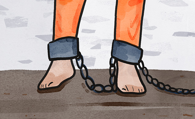 A painting showing a prisoners legs and feet in chains.