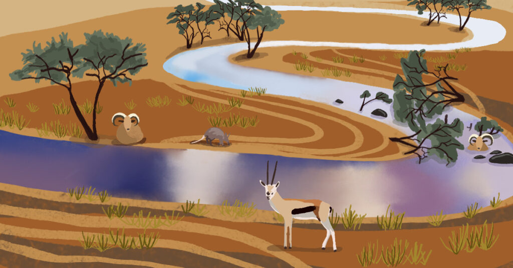 Art of an African river, surrounded by local wildlife.