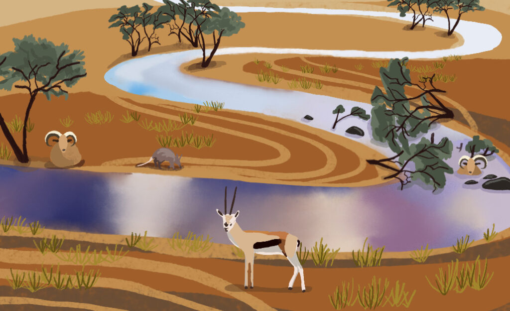 Art of an African river, surrounded by local wildlife.