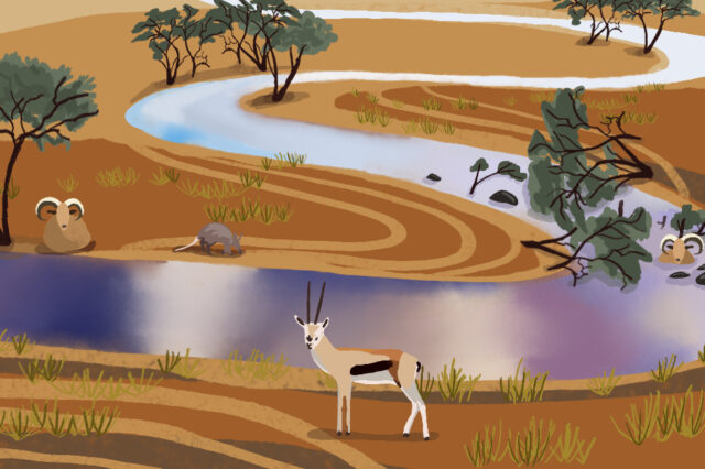 Art of an African river, surrounded by local wildlife.