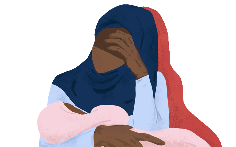 Graphic art depicting a woman in a hijab holding an baby.