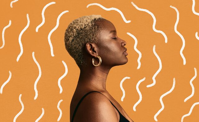 Image of a Black person with short, blonde hair and hoop earrings shown from the side. An orange background is characterized with white, illustrated squiggles.